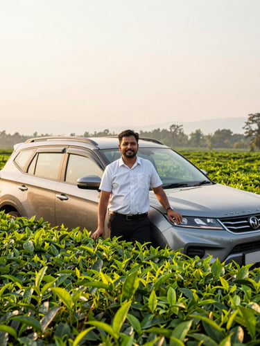 A warm portrait of a professional local driver in clean attire, smiling beside a modern SUV in a lush green tea garden of Assam, soft golden hour light, 35mm.