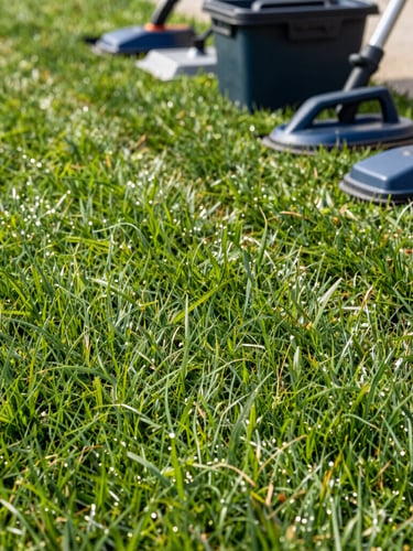 Close-up of a perfectly manicured lawn edge with crisp lines, professional landscaping tools neatly arranged in the background, under bright morning light in the GTA.