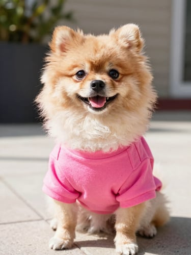 A happy fluffy Pomeranian wearing a bright pink handmade t-shirt, sitting comfortably on a sunny patio, eye-level cheerful daylight portrait, 35mm.