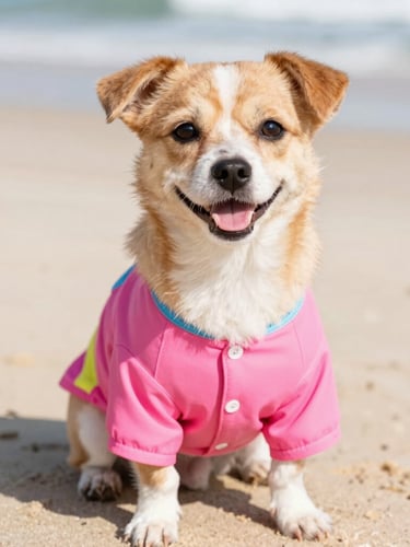 Bright natural photography of a happy small dog wearing a colorful handmade pink beach shirt, cheerful daylight, eye-level pet portrait, 35mm