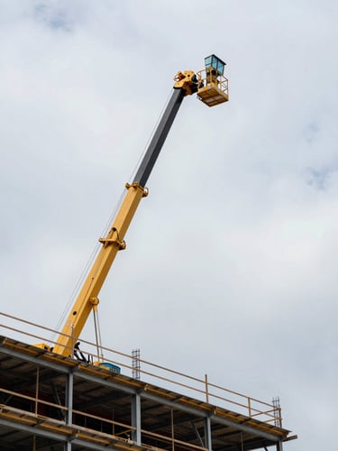 Wide environmental shot from below, aerial work platform boom fully extended at height against overcast industrial sky, hydraulic arm and basket visible in sharp detail, hard daylight shadows on steel structure, no workers posing — focus on the machine's scale and reach at an active construction site