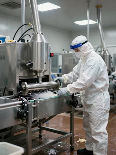 Close documentary sequence inside a food processing facility: a technician in white protective suit and face shield directing an industrial vacuum extraction unit toward a steel conveyor frame, hard overhead industrial lighting, stainless steel surfaces visible in the background, cleaning chemical residue visible on the floor in the foreground