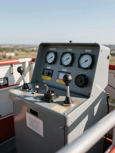Close-up documentary shot of aerial platform hydraulic controls and joystick panel inside the operator basket, hard natural daylight from the side casting sharp shadows across the steel control panel, instrument gauges and safety labels visible, no person — mechanical detail fills the frame