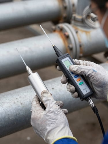 Close-up documentary shot of a technician's gloved hands collecting an air quality sample with a calibrated pump instrument at an industrial site, corroded steel pipes in soft focus background, hard natural daylight from above, no fill lighting, gritty surface texture visible
