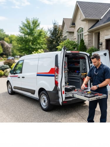 A bright, clean mobile service van parked on a pristine suburban driveway under natural daylight, a mechanic in a spotless uniform preparing tools
