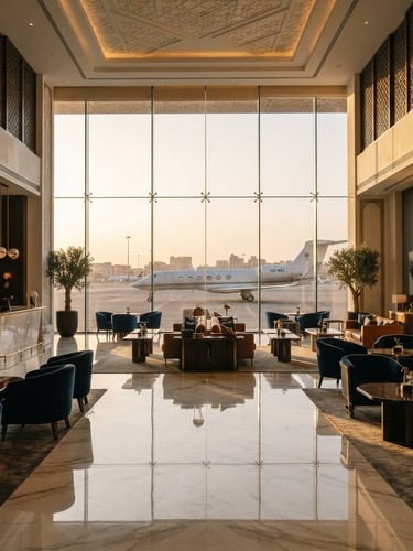 A majestic environmental shot of a luxurious private jet terminal lounge in Riyadh, warm golden hour light reflecting off polished marble floors, sleek modern architectural lines, no people, 35mm photography, high-end editorial luxury style.