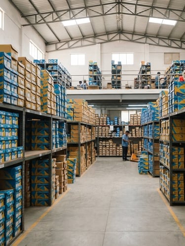 Wide-angle commercial warehouse interior in Rajkot, neatly stacked boxes of Paragon footwear, bright natural lighting, blue and yellow color accents, sharp focus, 35mm