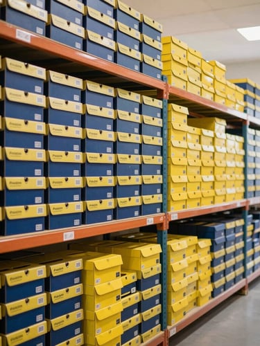 Neatly organized B2B footwear warehouse with rows of Paragon shoe boxes, bright commercial lighting, professional logistics environment in Gujarat