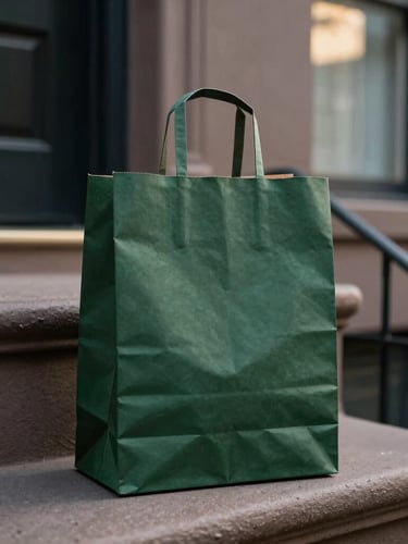 A close-up photograph of a sleek, unbranded dark green paper bag sitting on a classic Brooklyn brownstone stoop, soft morning light, editorial film style