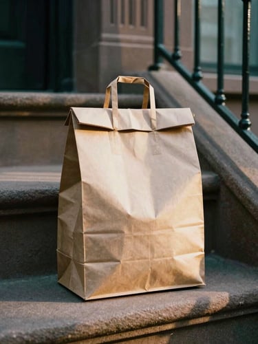 Close-up of a sleek, minimalist unmarked paper delivery bag sitting on a classic stone brownstone stoop in Brooklyn, soft golden-hour shadows, cinematic 35mm film