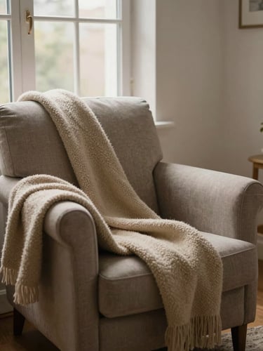 Soft indoor lighting, a comfortable empty armchair by a window with a warm wool throw blanket draped over the side, quiet domestic sanctuary.