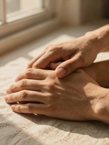 Close-up of two hands resting together on a soft linen surface, warm golden hour light filtering through a nearby window.