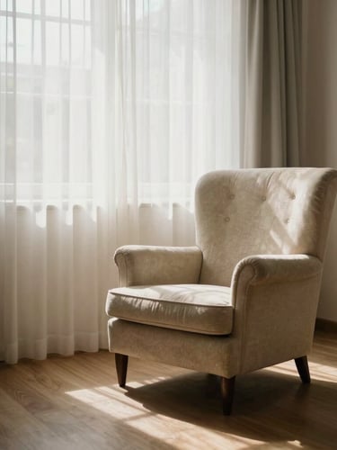 Wide environmental shot of a quiet domestic room, soft natural light filtering through sheer curtains onto an empty armchair, warm slate and cream tones, peaceful atmosphere.