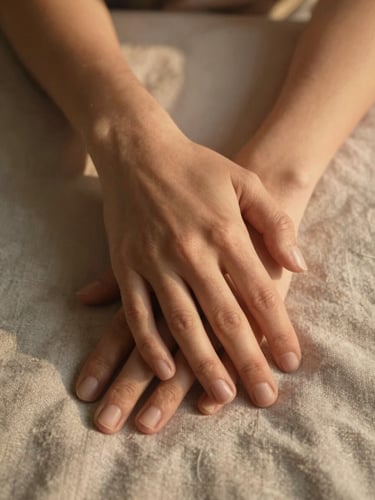 Two hands resting gently together on a soft linen blanket, warm diffused golden hour light, intimate and respectful close-up