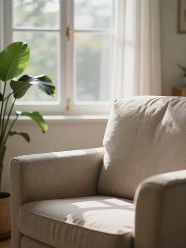 Soft natural light filtering through a window, illuminating a quiet domestic room with a comfortable empty armchair and a green plant, peaceful atmosphere, close-up details