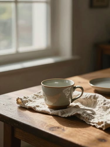 Soft natural light filtering through a window onto a wooden table, a warm ceramic cup resting beside a soft linen cloth, peaceful domestic sanctuary.