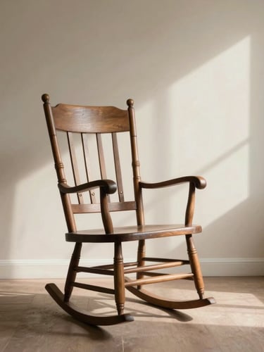 A quiet domestic room with an empty wooden rocking chair, soft natural morning light creating gentle shadows on a muted cream wall.