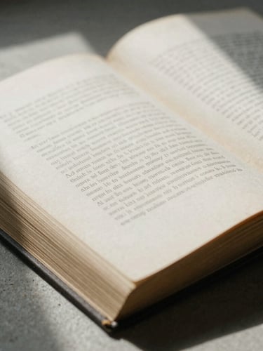 Macro close-up of a heavy, open archival book on a raw concrete surface, soft directional north-facing daylight casting deep natural shadows across the textured paper and elegant serif typography, 35mm film grain.