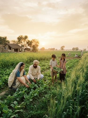 Wide shot of a serene Indian farm at golden hour, with healthy families gently tending to crops, soft, diffused light, expansive sky, low horizon, 35mm