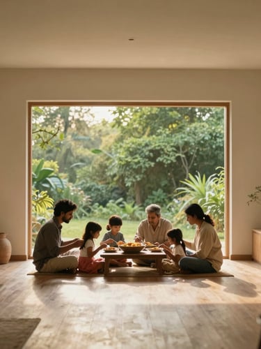 Serene Indian family in a soft-lit, minimalist home, sharing a meal, warm diffused golden-hour light, wide shot with generous negative space, natural textures, shallow depth of field.