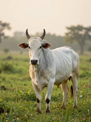 Authentic portrait of a Gir cow in a lush green Indian pasture at dawn, soft, diffused light, shallow depth of field, tall portrait framing, 35mm