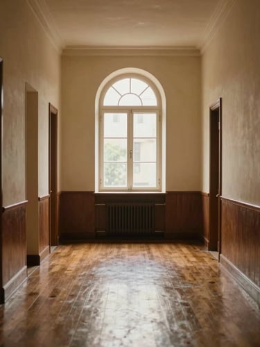 A quiet, beautifully lit corridor of a historic school building, warm wooden floors reflecting soft daylight from an arched window.