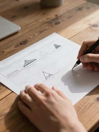 A close-up of hands arranging storyboards on a rustic wooden table, soft natural daylight casting rich shadows, Scandinavian design aesthetic.