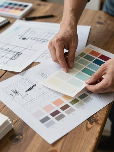 Vertical portrait, soft daylight. Hands of an art director arranging heavy paper storyboards and color swatches on a rustic oak table.