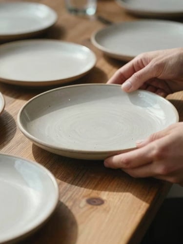Extreme close-up of hands arranging rustic ceramic plates on a textured wooden table, soft natural daylight casting rich shadows, Scandinavian restaurant setting.