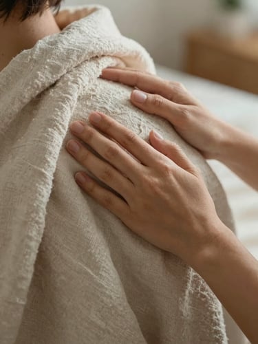 Close-up of hands gently wrapping a soft, textured linen blanket around a patient's shoulders, warm natural morning light, quiet and respectful framing.