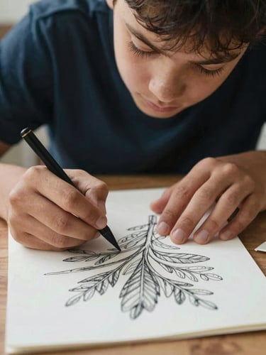A close-up portrait of a student's hands carefully sketching a botanical drawing on textured paper, soft natural daylight coming from the side.