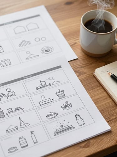 A beautifully organized creative workspace with printed storyboards, a ceramic mug of steaming coffee, and a notebook on a warm oak table, shot from above in soft natural daylight.
