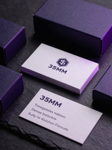 Sleek studio photography of custom embossed business cards and premium matte packaging boxes on a dark slate surface, dramatic violet edge-lighting, sharp macro focus, 35mm