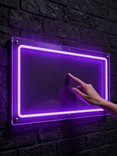 Sleek studio photography of a designer inspecting a glowing purple acrylic LED sign board installed on a dark brick wall, dramatic ambient lighting, sharp focus