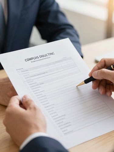 Close-up of hands reviewing a structured compliance checklist on textured paper, warm desk lighting