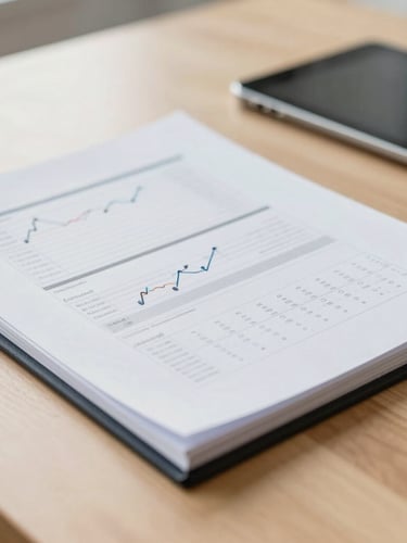A focused close-up of financial documents and a digital tablet on a clean wooden desk under natural office light