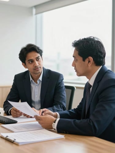 A professional advisory consultation in a modern Hyderabad office, bright natural window light, documents on a wooden table, 35mm photography