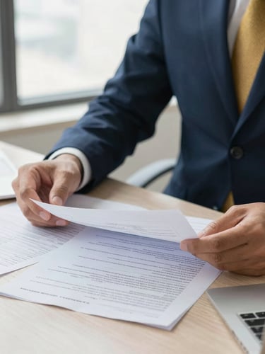 A professional financial advisory office in Hyderabad, bright natural window light, close-up of hands reviewing loan documents and structured financial spreadsheets, 35mm editorial photography