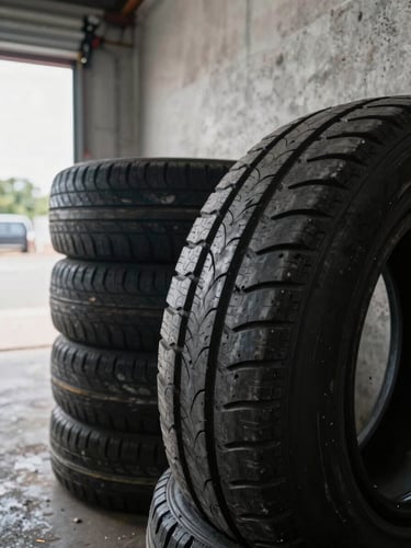 Close-up of stacked used tires leaning against a concrete shop wall, tread detail sharp in the foreground, open bay door visible in the far background letting in flat daylight, no styling