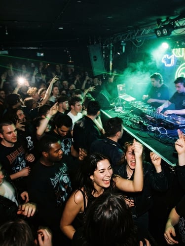 Moody low-light nightlife photography with neon green accents, a crowd in motion facing a DJ booth, direct flash, 35mm film aesthetic, wide angle.