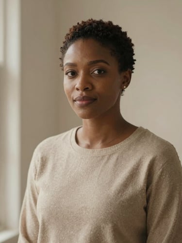 An elegant medium-close portrait of Favour Chidinma Solomon in a warm, quiet interior, diffused natural window light, muted cream and taupe tones, shallow depth of field, medium format