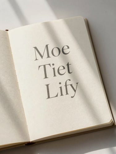 Overhead minimalist flat-lay of an open linen journal, elegant charcoal typography on cream paper, soft window shadows.