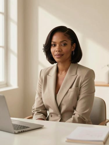 An elegant medium-close portrait of Favour Chidinma Solomon, a brand strategist, sitting in a warm cream-toned minimalist workspace with soft window shadows, diffused natural daylight, medium format photography.
