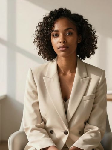 Elegant medium-close portrait of a Black female brand strategist in a warm cream blazer, sitting in a minimalist sunlit office with soft window shadows, medium format photography.