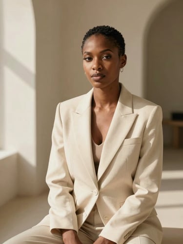 A medium-close editorial portrait of Favour Chidinma Solomon in a warm cream blazer, sitting in a sunlit architectural space with soft window shadows, minimalist luxury.