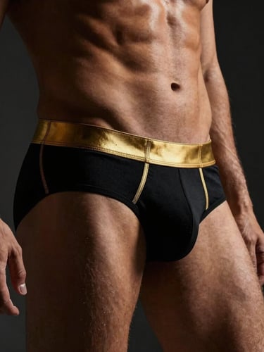 Dramatic low-key studio photography, sharp side-lighting on a muscular male torso wearing gold-accented black boxer briefs with a wide waistband, dark charcoal background, high contrast, 85mm