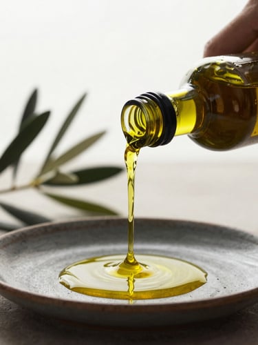 Pouring golden olive oil from a dark bottle onto a rustic plate, warm backlighting, olive branches blurred in the background