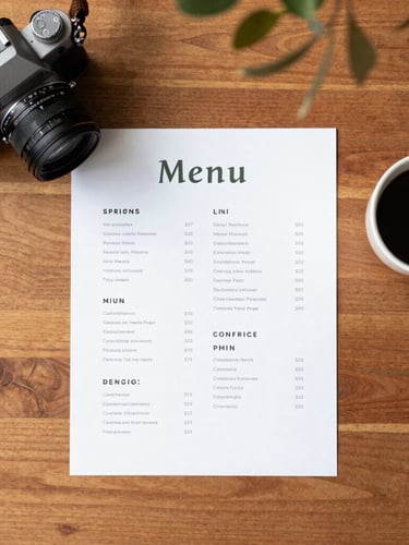 An editorial overhead view of a clean wooden desk with a camera, a freshly printed menu draft, a cup of black coffee, and subtle shadows of leaves, warm daylight