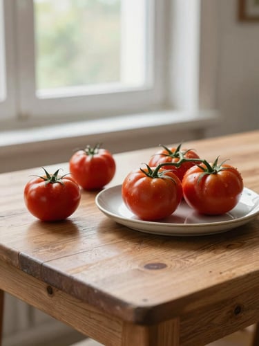 Warm editorial photograph of a rustic wooden table with fresh tomatoes, a ceramic plate, and natural morning light coming through a window, scandinavian style