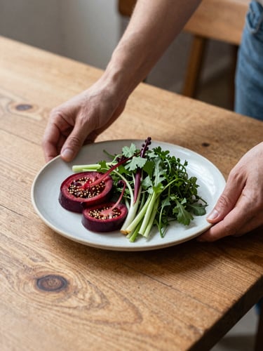 Warm editorial photography, soft natural daylight, a rustic wooden table in a scandinavian restaurant, hands placing a minimalist ceramic plate with fresh organic vegetables, rich crimson accents, 35mm